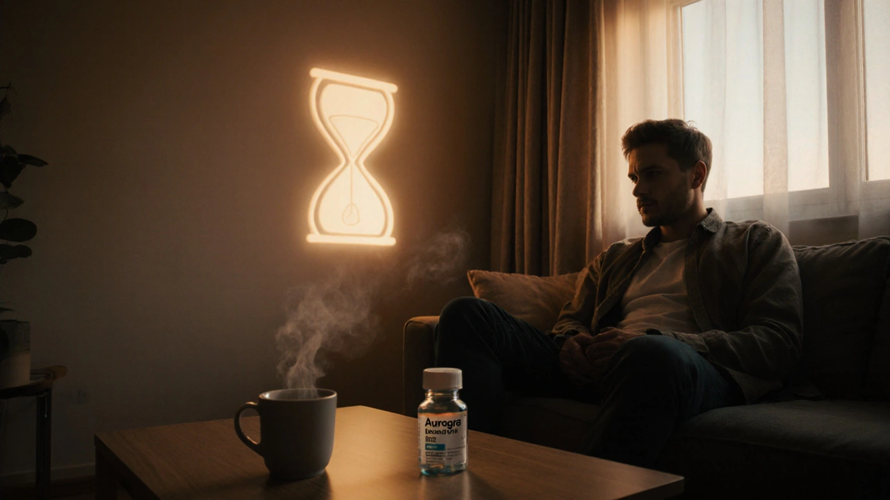 A man relaxes on a sofa with a pill bottle on the coffee table and a glowing hourglass silhouette on the wall.