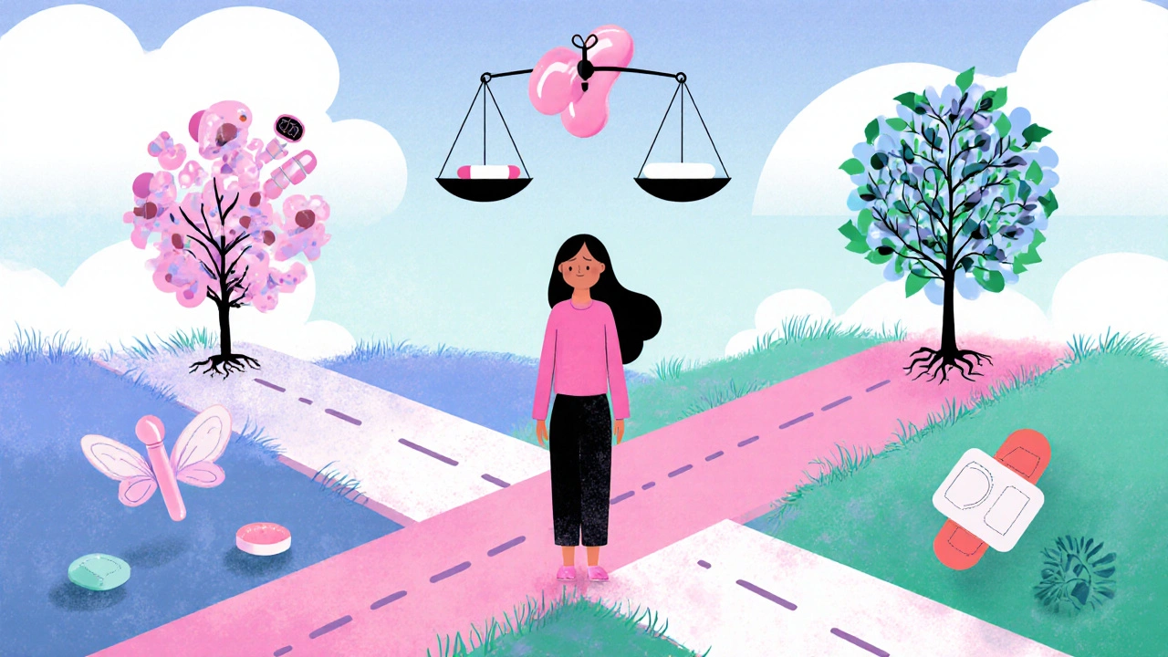 A woman at a crossroads surrounded by abstract representations of different birth control methods.