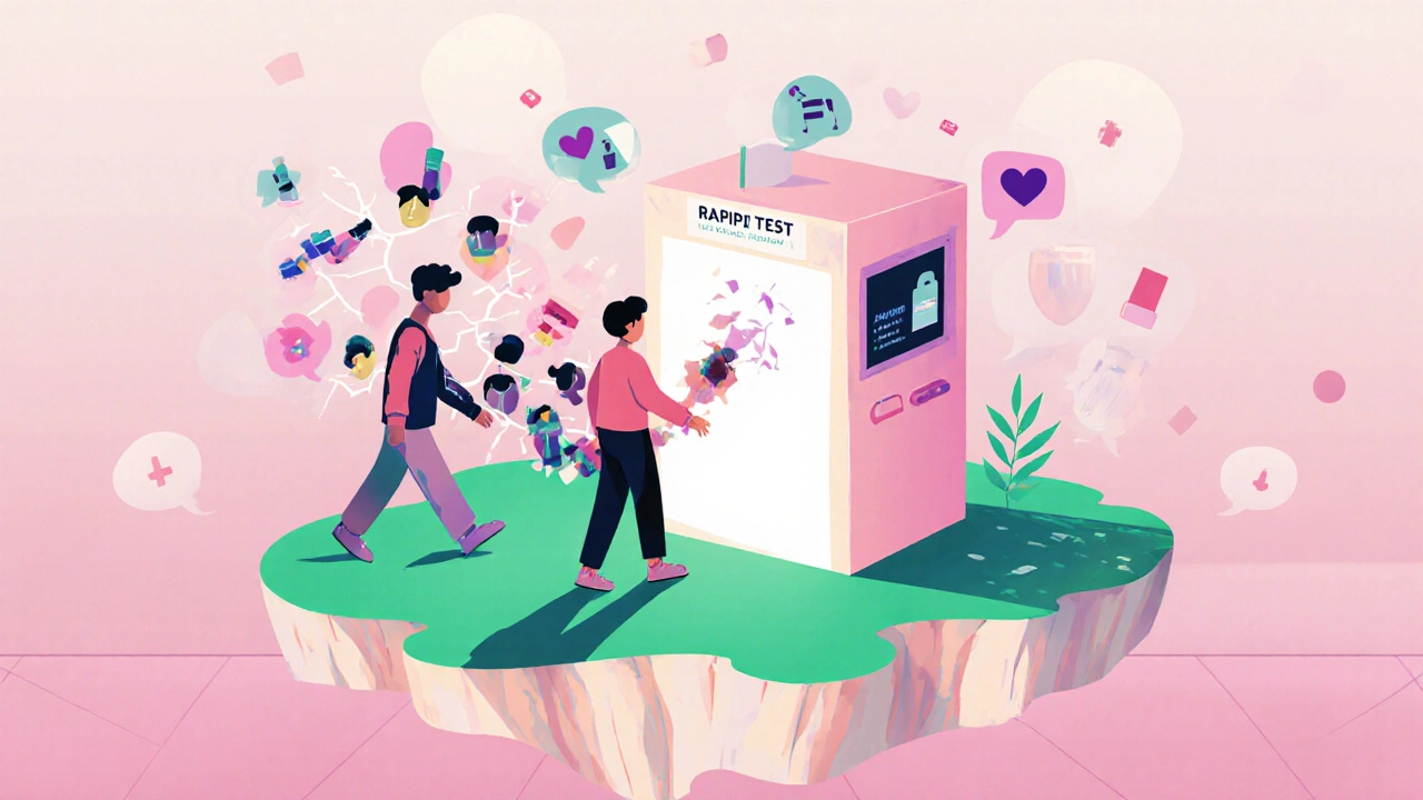 Bright pharmacy island with a glowing test kiosk, shadow chains breaking as person approaches.