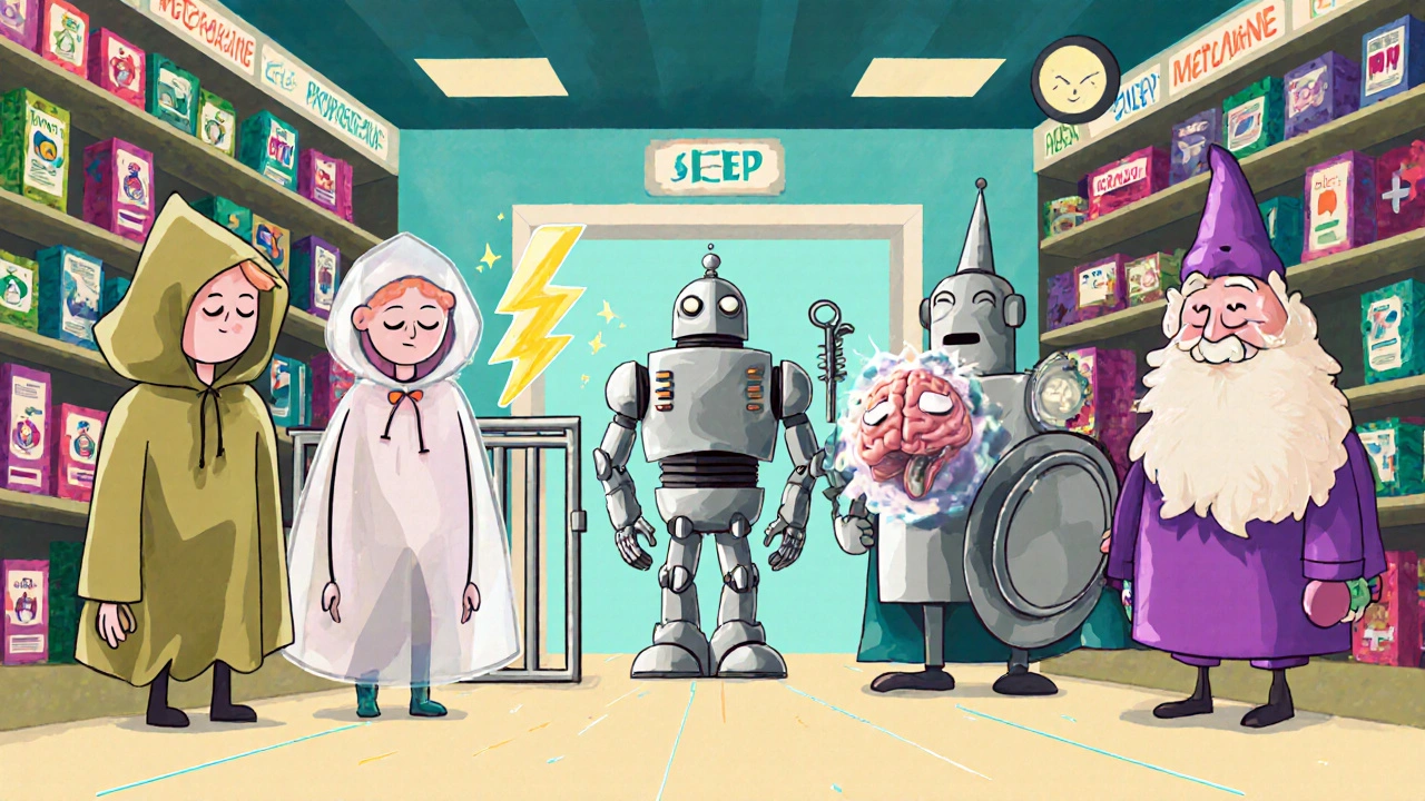 Cartoon characters personify five anti‑nausea drugs with distinctive visual traits.