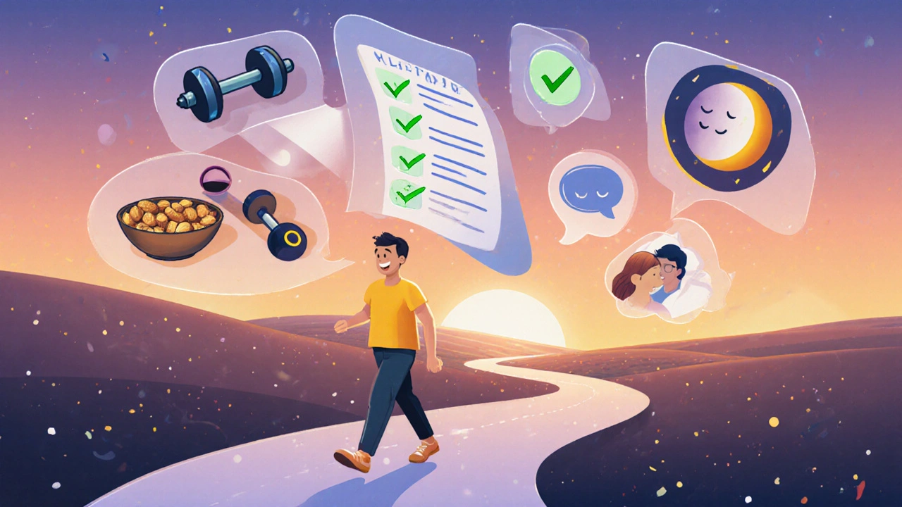 Cartoon man follows a path with icons for exercise, diet, sleep, and communication.