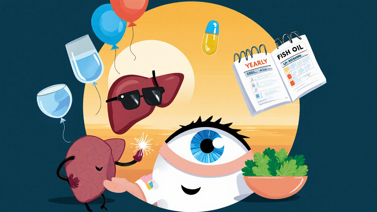 Cartoon montage of antiviral pill, eye with sunglasses, healthy foods, and calendar for eye exams.