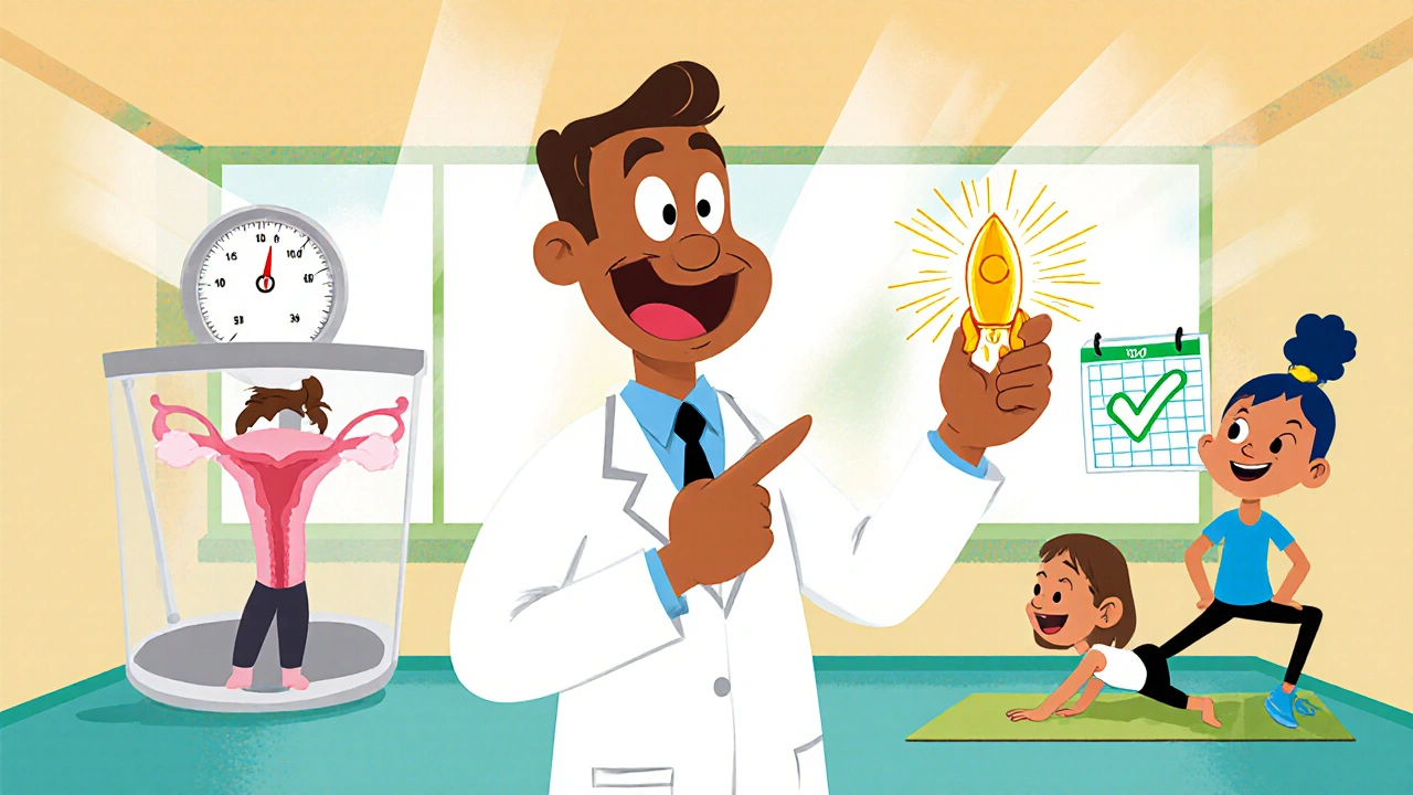 Cheerful cartoon doctor presenting an IUD and wellness icons, showing treatment success for uterine lining overgrowth.
