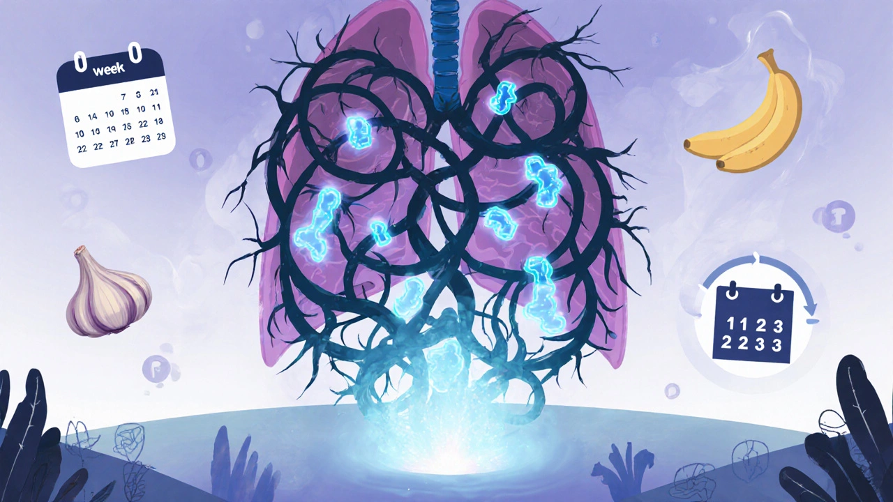 Child’s chest landscape with probiotics pruning asthma vines and releasing calming mist.