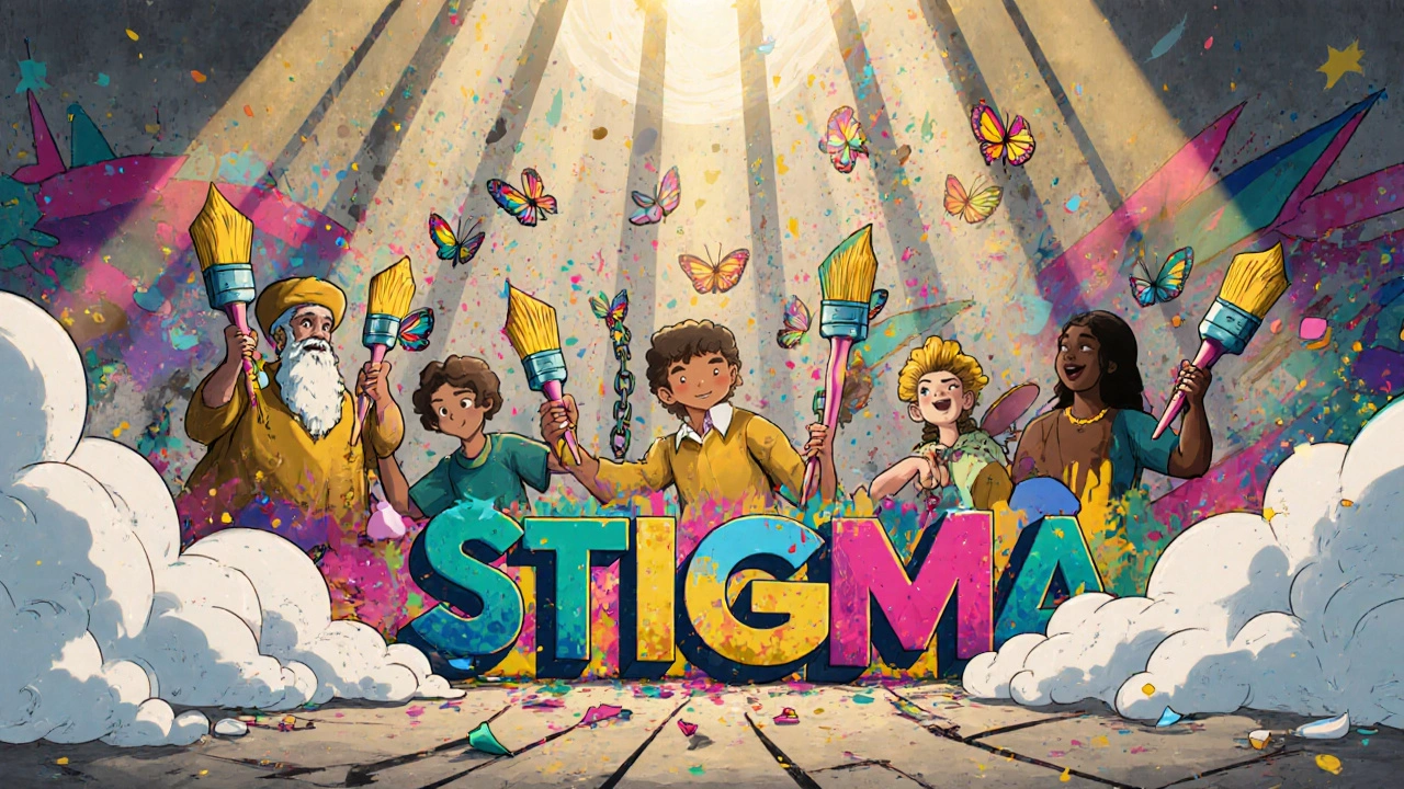 Community mural with diverse advocates painting vibrant colors, breaking stigma chains.