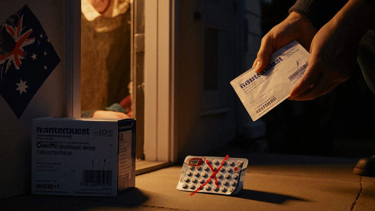 Customer receiving a delivery, opening it to reveal authentic Singulair tablets beside a crossed‑out fake box.
