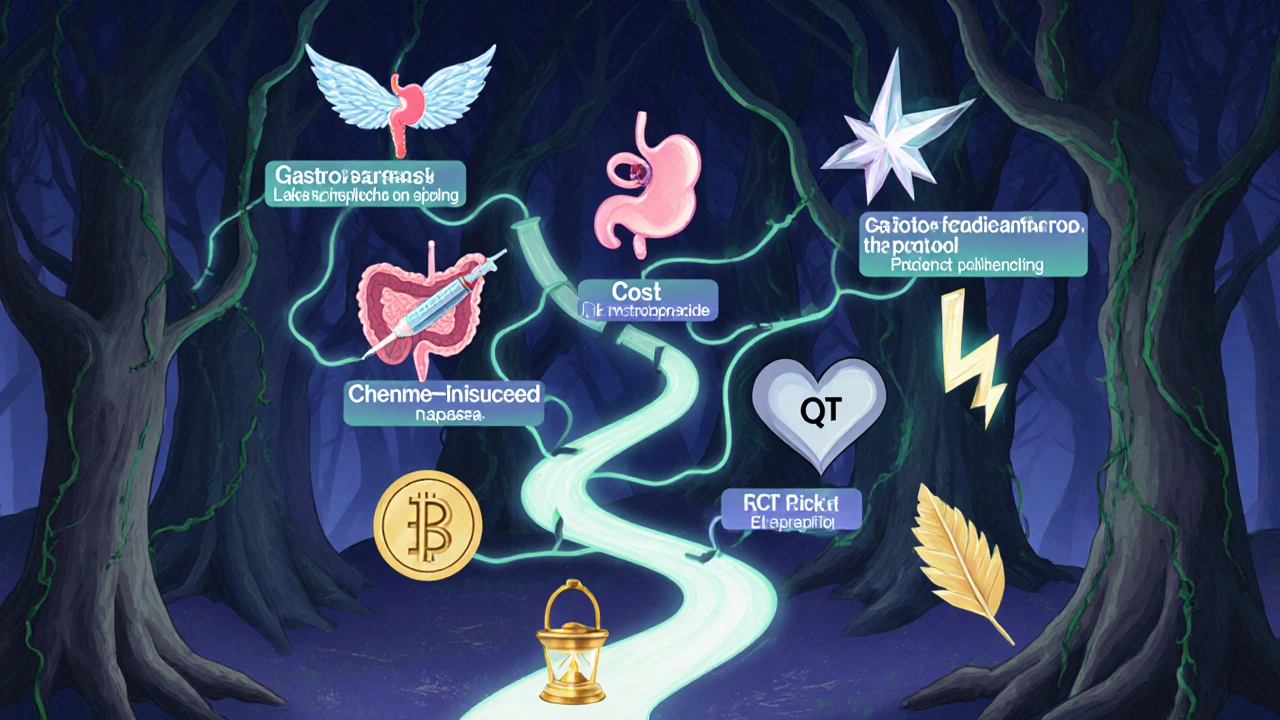 Dreamlike decision tree with icons for symptoms and drug choices, highlighting Metoclopramide.