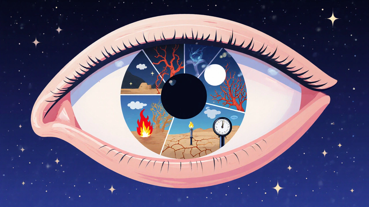 Eye illustration showing animated scenes of uveitis, dry eye, retinal vasculitis, and other conditions.
