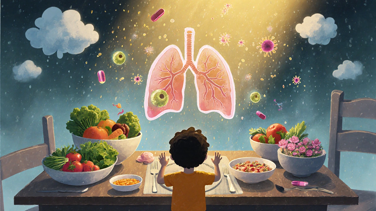 Family dinner with healthy foods rising as glowing orbs, transforming lungs into flowers.