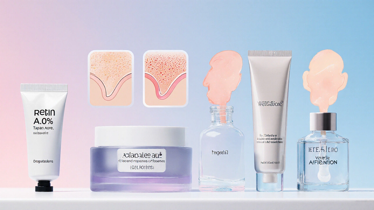 Flat‑lay of various retinoid products with skin effect overlays on a vanity.