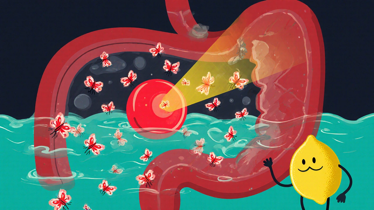 Glowing iron ions travel through a stylized stomach and duodenum with a lemon character boosting absorption.