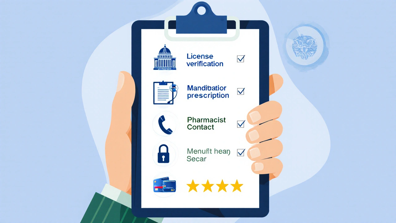 Hand holding clipboard with icons for pharmacy safety checklist.