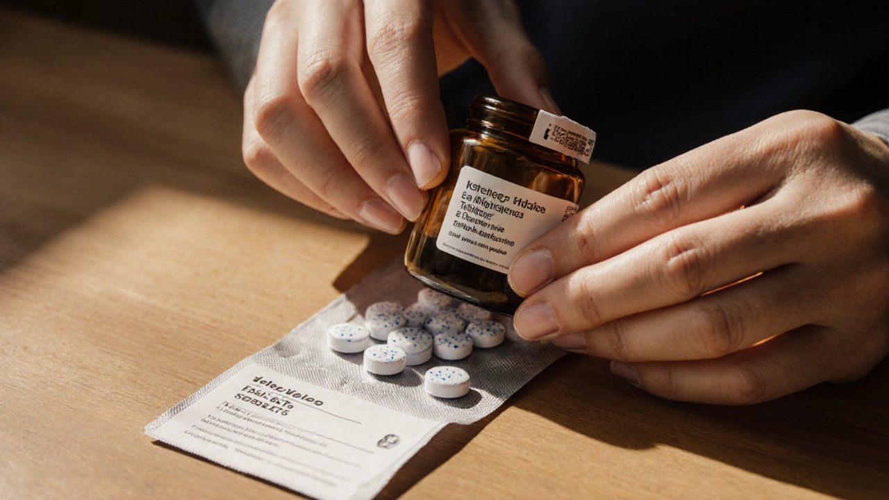 Hands opening a sealed package to reveal a bottle of generic tetracycline tablets.