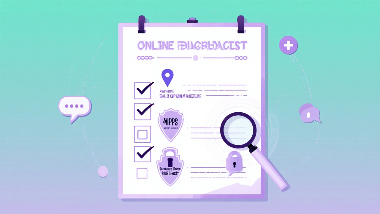 Illustrated checklist showing icons for address, phone, VIPPS seal, privacy, and pharmacist.