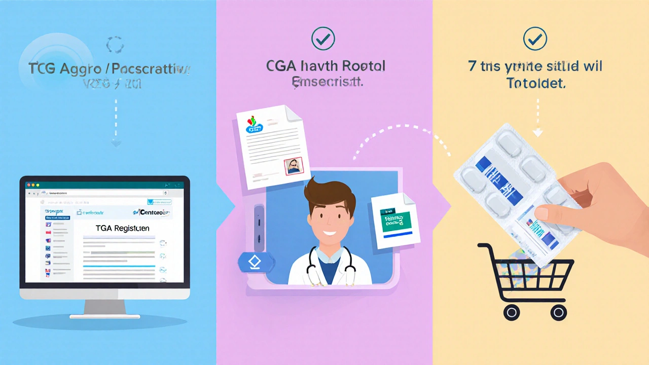 Illustrated checklist showing website verification, telehealth call, and adding medication to cart.