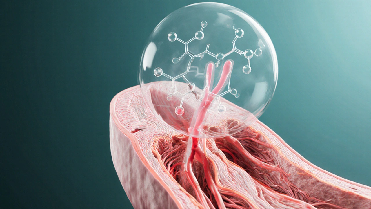 Illustration of penile blood vessels dilating as sildenafil increases blood flow.