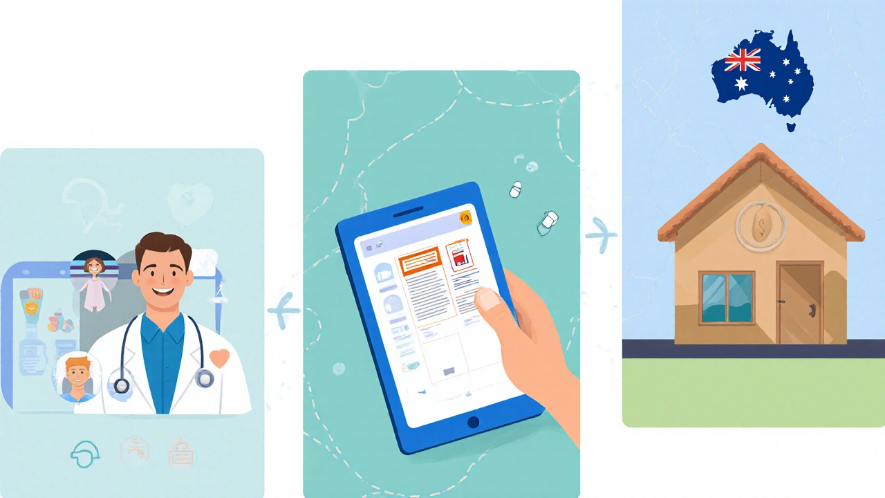Illustration of telehealth call, uploading prescription, and receiving a delivery box.