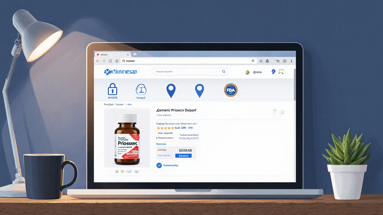Laptop showing a secure pharmacy website with lock, location icon, and FDA‑like badge.