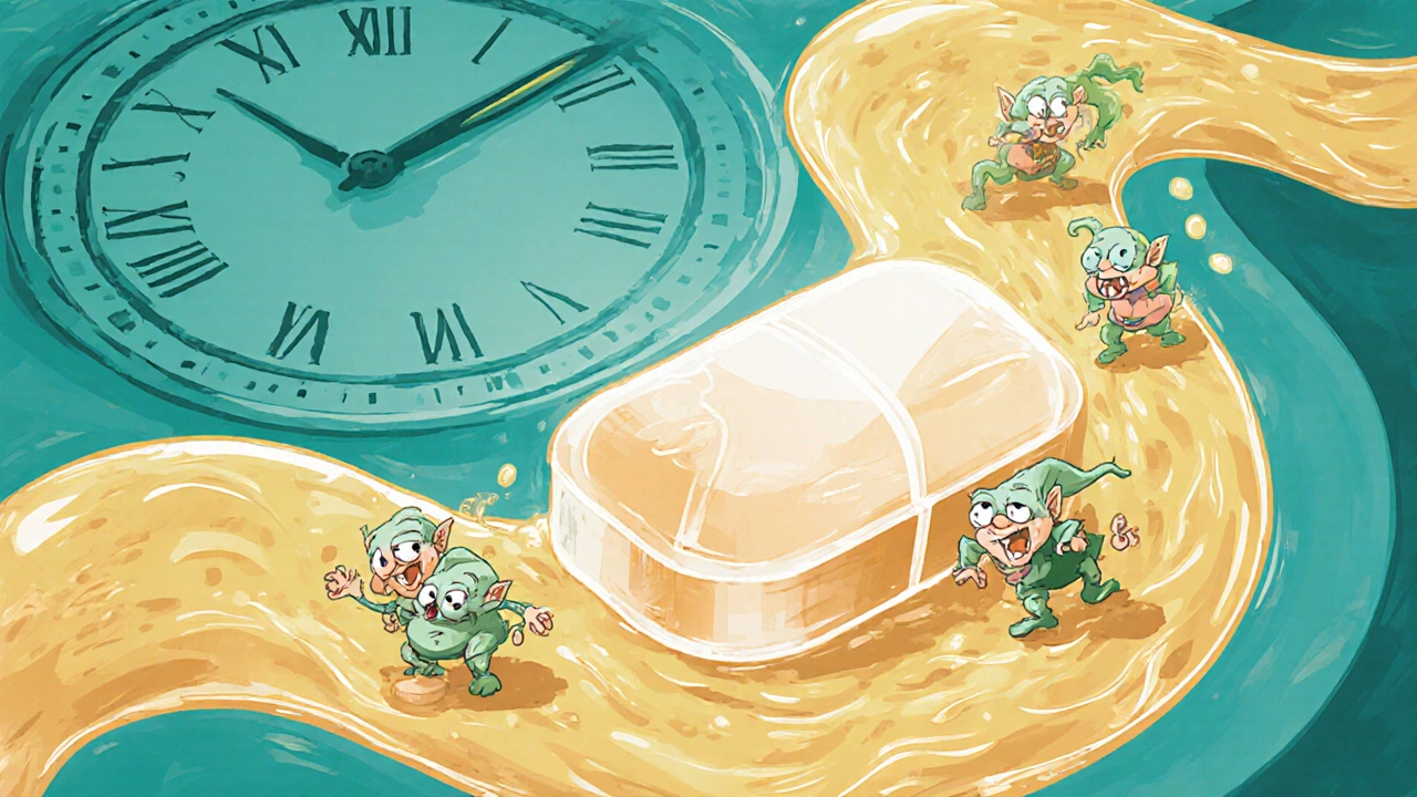 Large Diclofenac SR tablet releasing golden river that blocks cartoon COX enzymes over time.