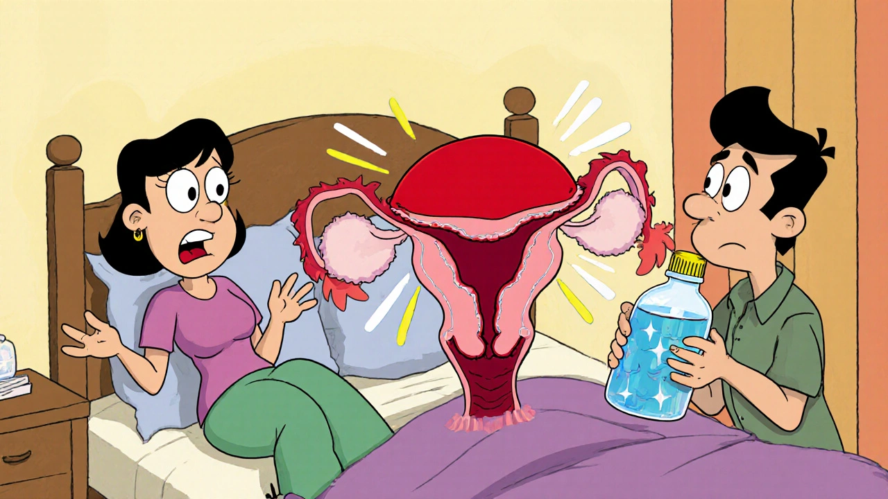 Looney Tunes bedroom scene showing a couple uncomfortable due to a pain monster from thick uterine lining.