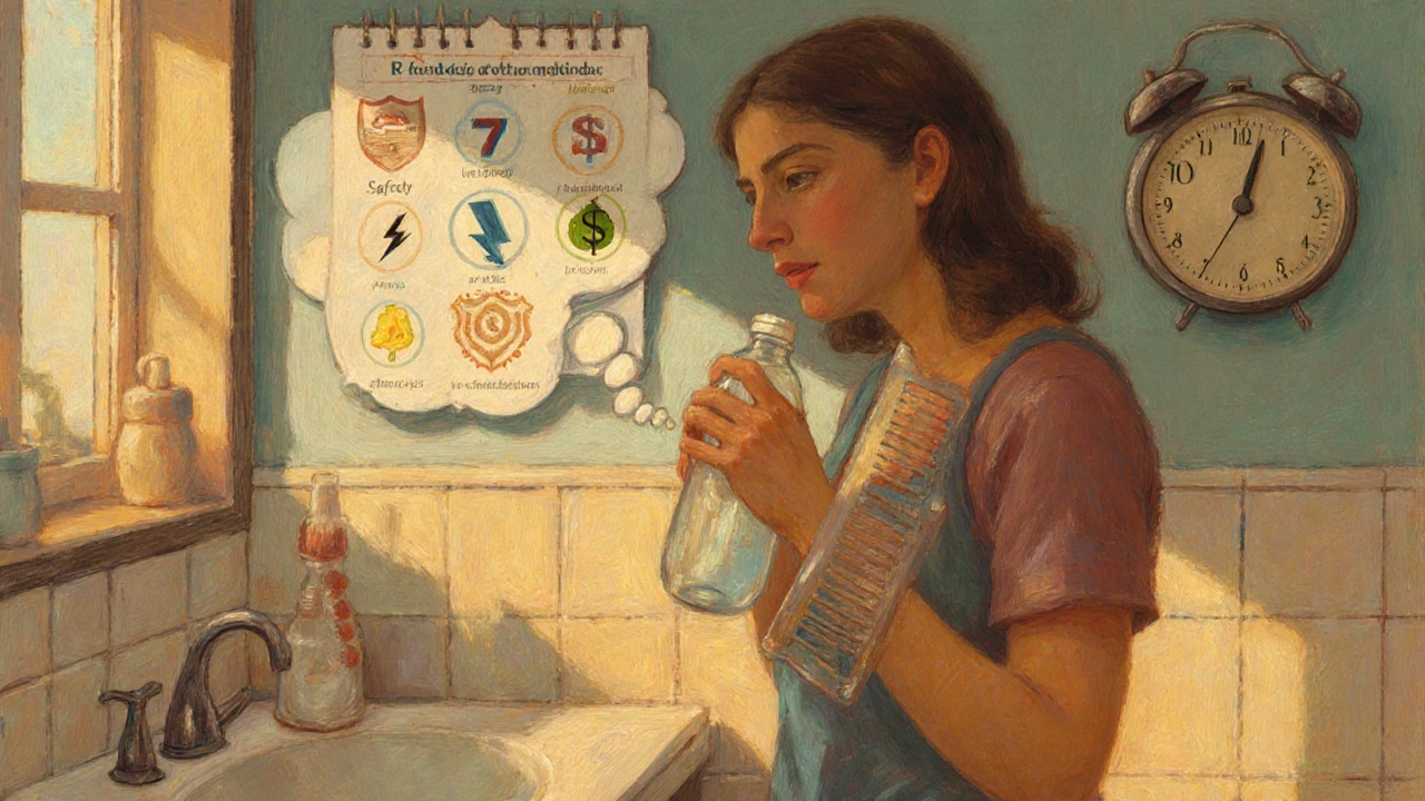 Mother checking a calendar and holding a dimethicone bottle and nit comb.