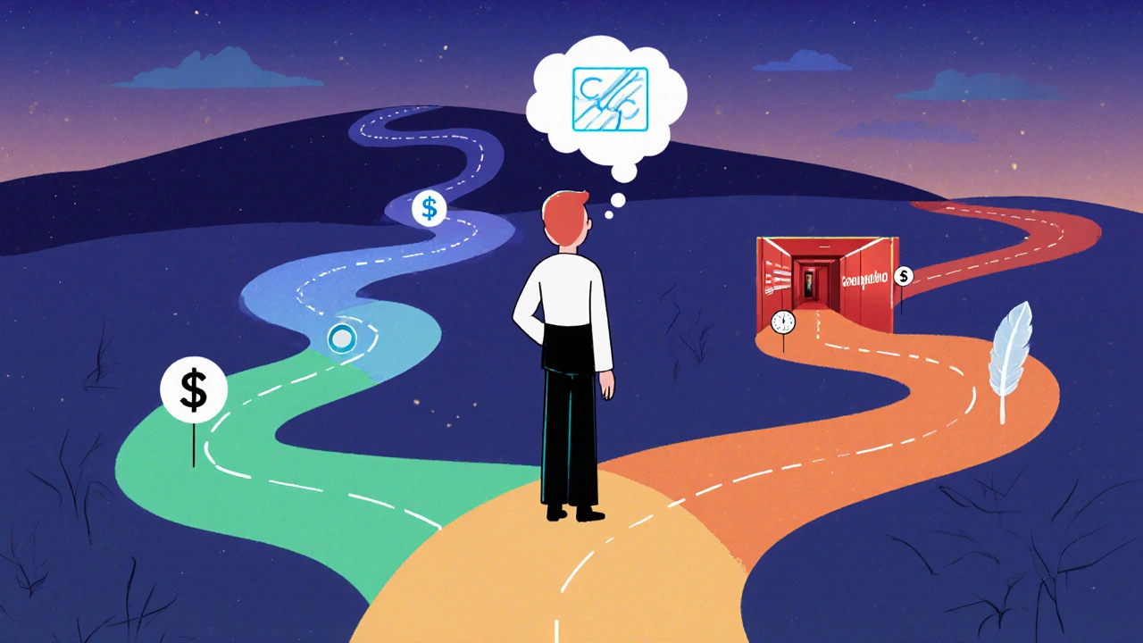 Patient at a crossroads choosing between four abstract paths representing different medications.