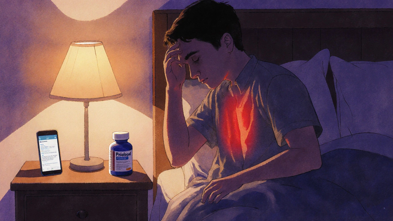 Person holding generic Prilosec bottle, looking uneasy, soft lamp light at night.