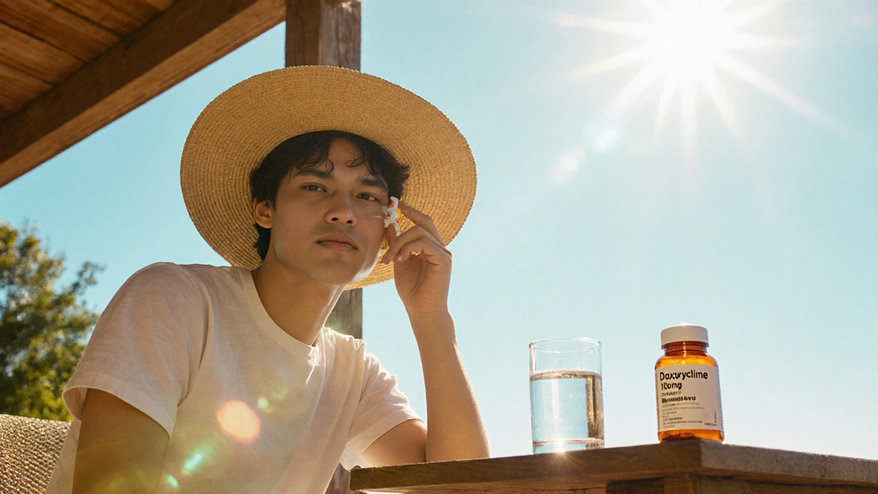 Person on patio applying sunscreen with doxycycline bottle nearby.