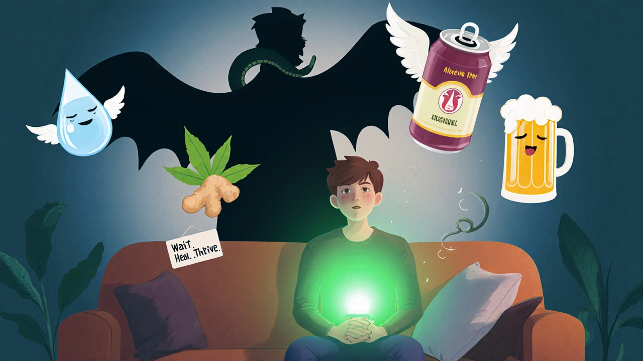 Person surrounded by healthy alternatives like water and tea, while a wine bottle shadow forms a snake, with recovery aura glowing.