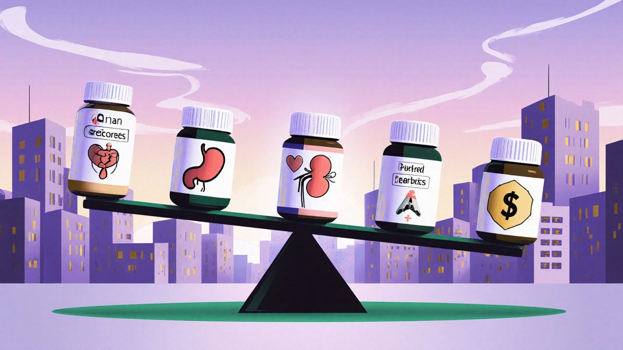 Scale balancing six pills, each with icons for stomach, heart, kidney, and price.