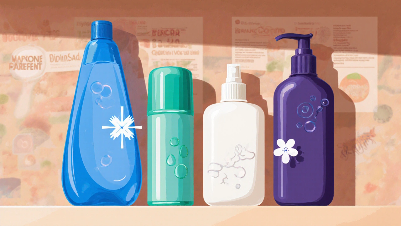Shelf display of six different lice treatment bottles with visual ingredient cues.