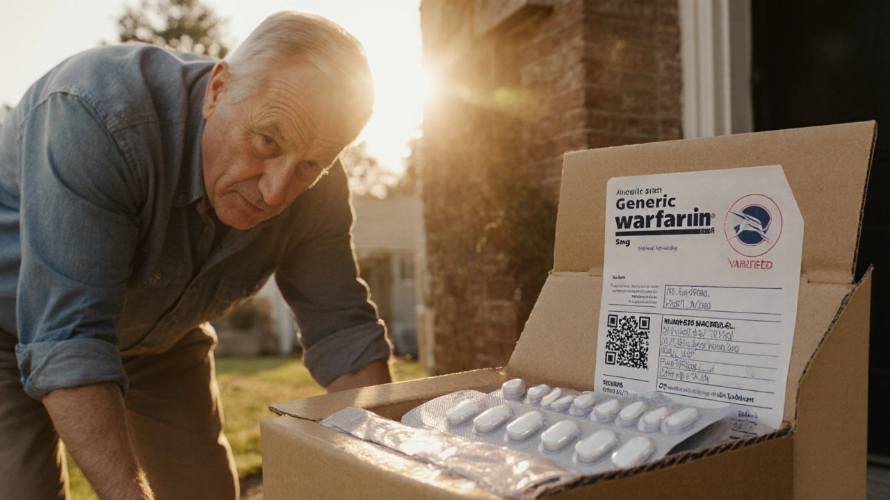 Sunrise doorstep with package of generic warfarin tablets being inspected by a customer.