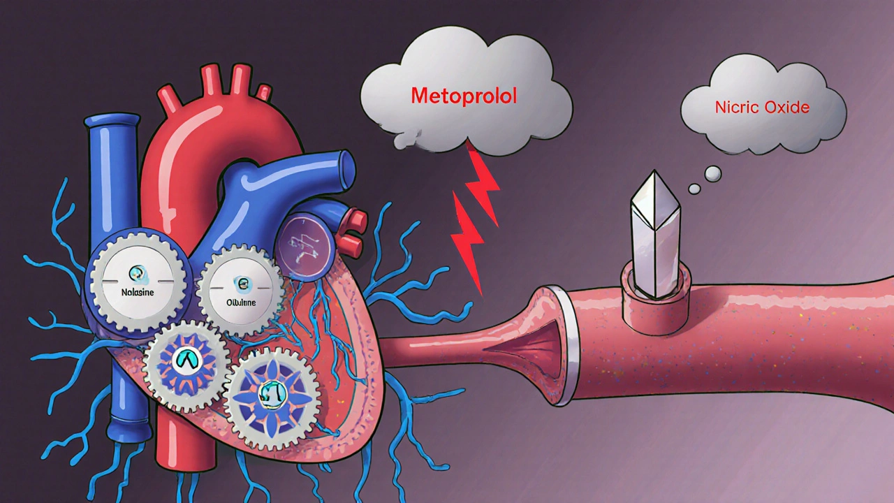 Surreal illustration of heart gears, nerves, and blocked penile artery showing ED mechanisms.