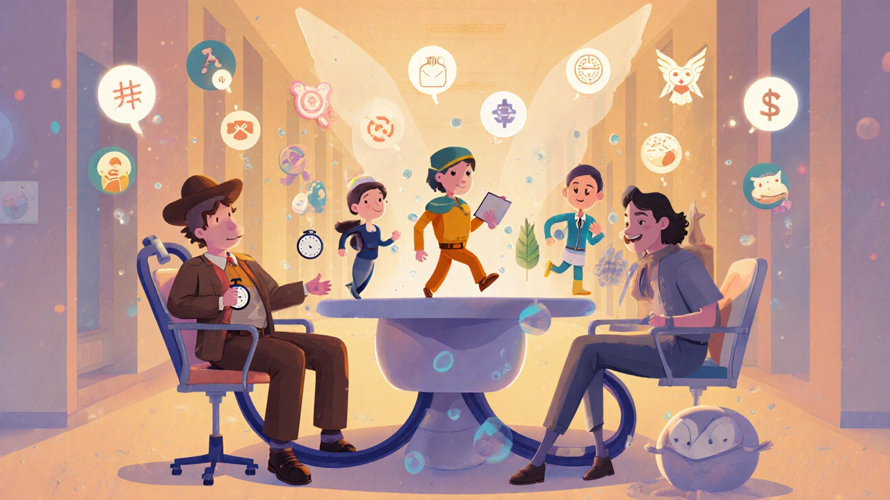 Surreal round table with personified drug characters discussing benefits and side effects.