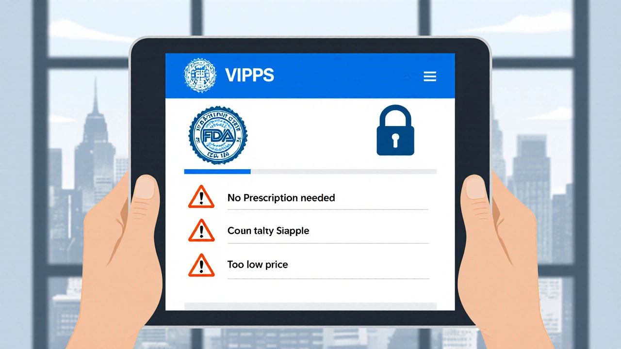 Tablet displaying webpage with VIPPS seal, FDA logo, HTTPS padlock, and warning icons.