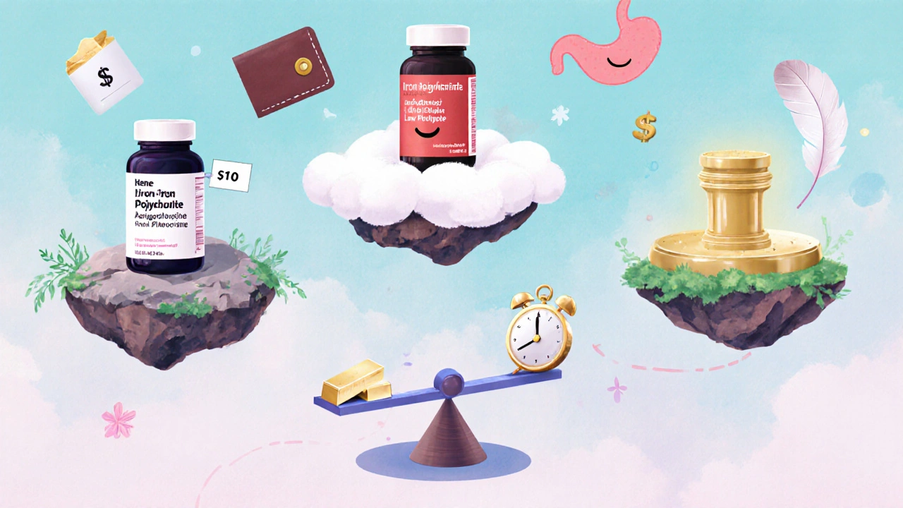 Three floating islands hold different iron supplements, balanced by symbols of cost, tolerance, and time.