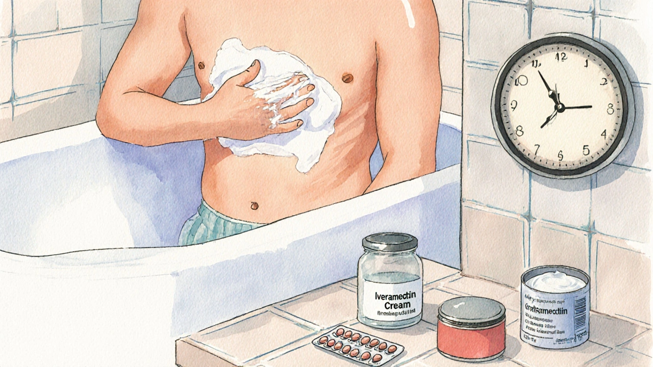 Watercolor bathroom scene with adult applying cream and various treatment bottles.