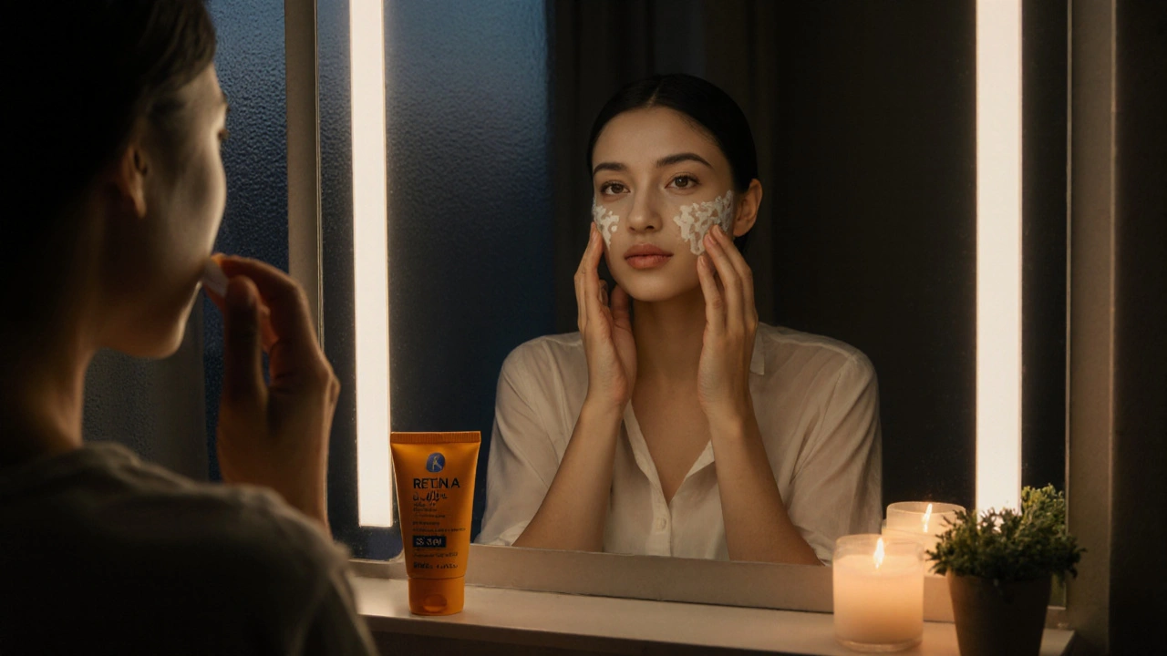 Woman applying moisturizer after Retin A, with sunscreen and candle in bathroom.