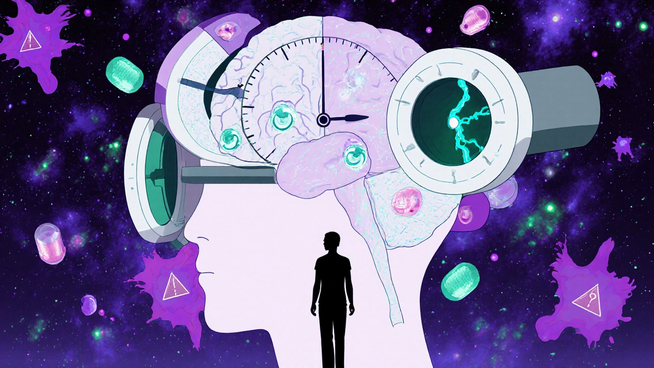 A brain split like a clock ticks with Leqembi capsules, watched by MRI eyes, as warning symbols float as ink blots.