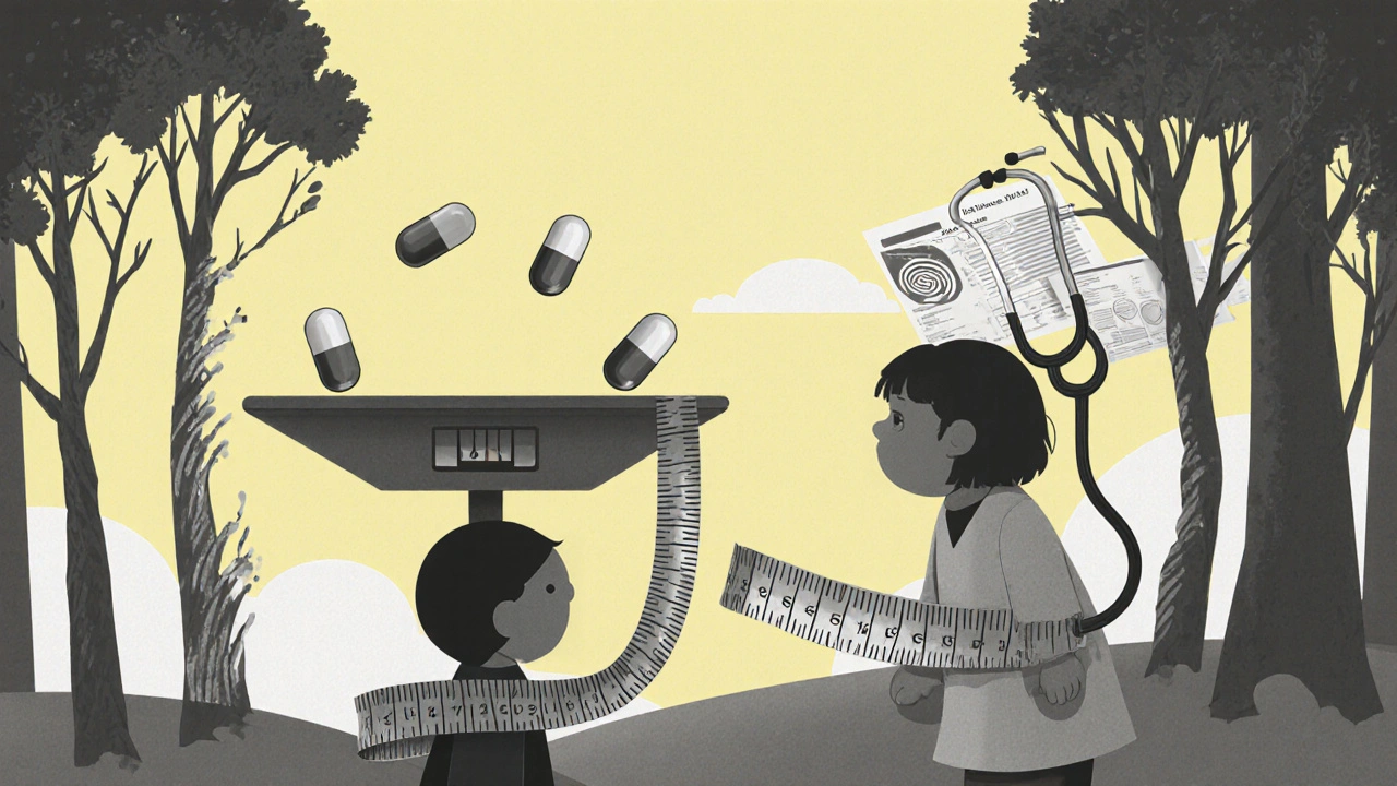 A child&#039;s scale tips low as ADHD pills cast shadows of fading growth, surrounded by medical charts dissolving into clouds.