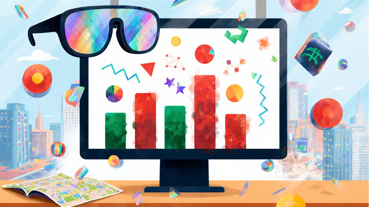 A designer&#039;s screen shows blurred colors, while symbolic shapes and EnChroma glasses float nearby, illuminating the room with prismatic light.