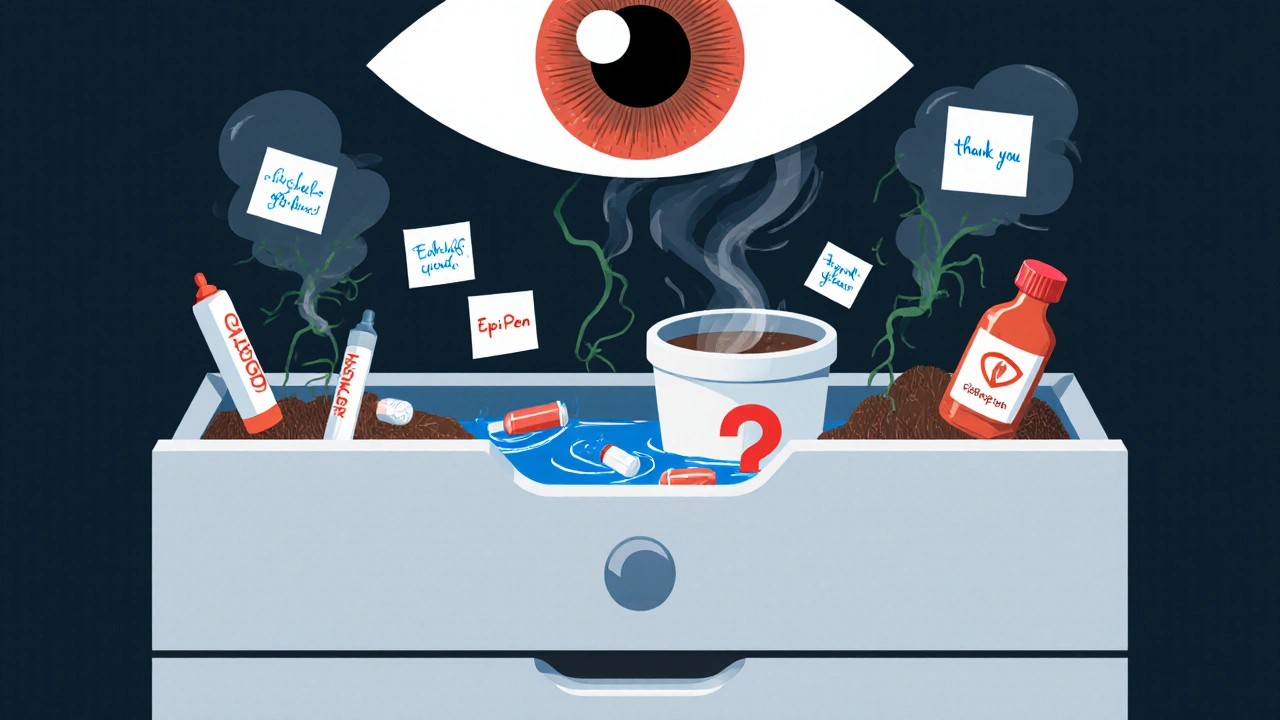 A drawer opens to reveal pills flowing into a trash bin shaped like a question mark, with life-saving meds as protective elements.