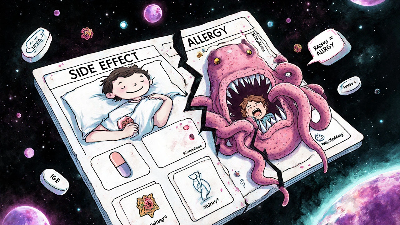 A floating medical chart with contrasting side effects and allergy imagery, surrounded by common misconceptions.