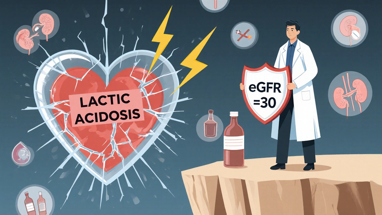 A fragile glass heart representing lactic acidosis, protected by kidney health symbols.