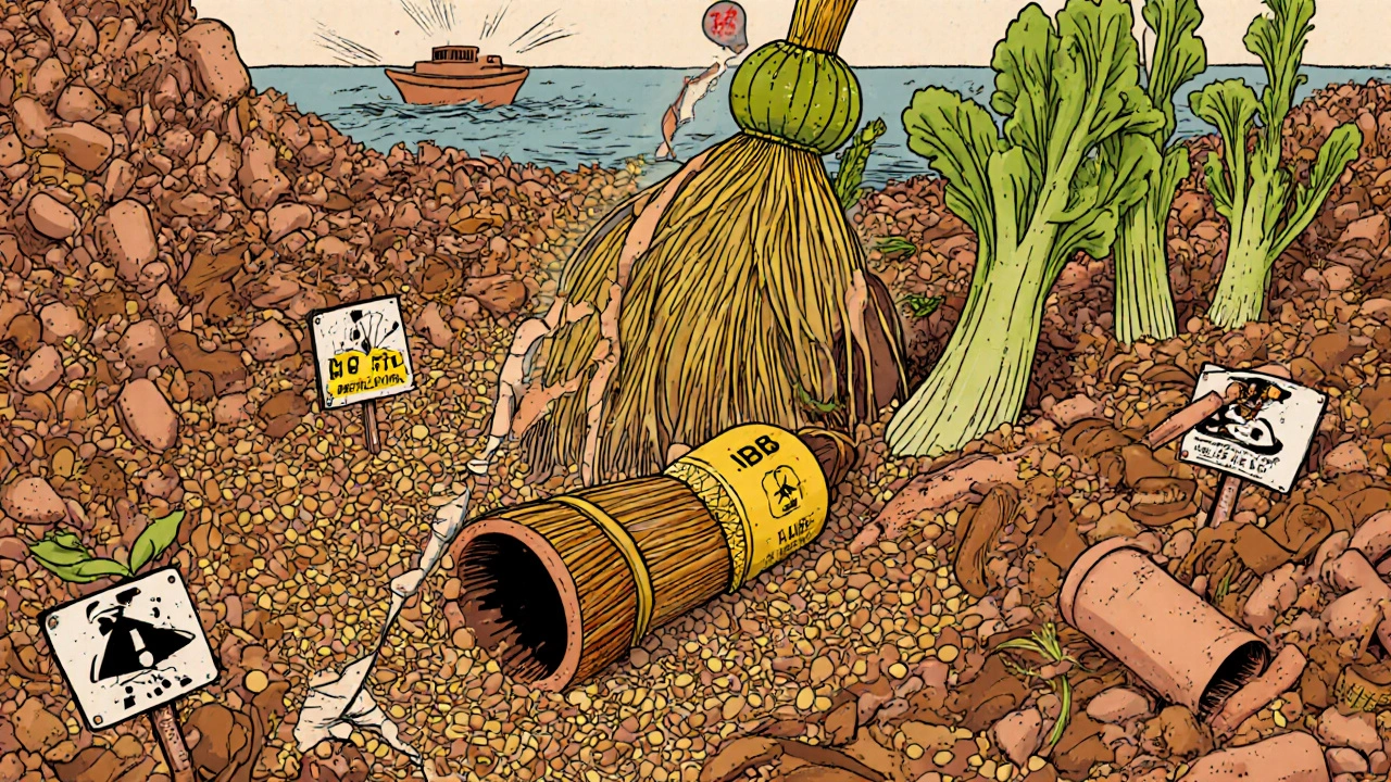 A giant broom of bran sweeping digestive debris, blocked by a cracked pipe labeled &#039;IBD Flare&#039;.