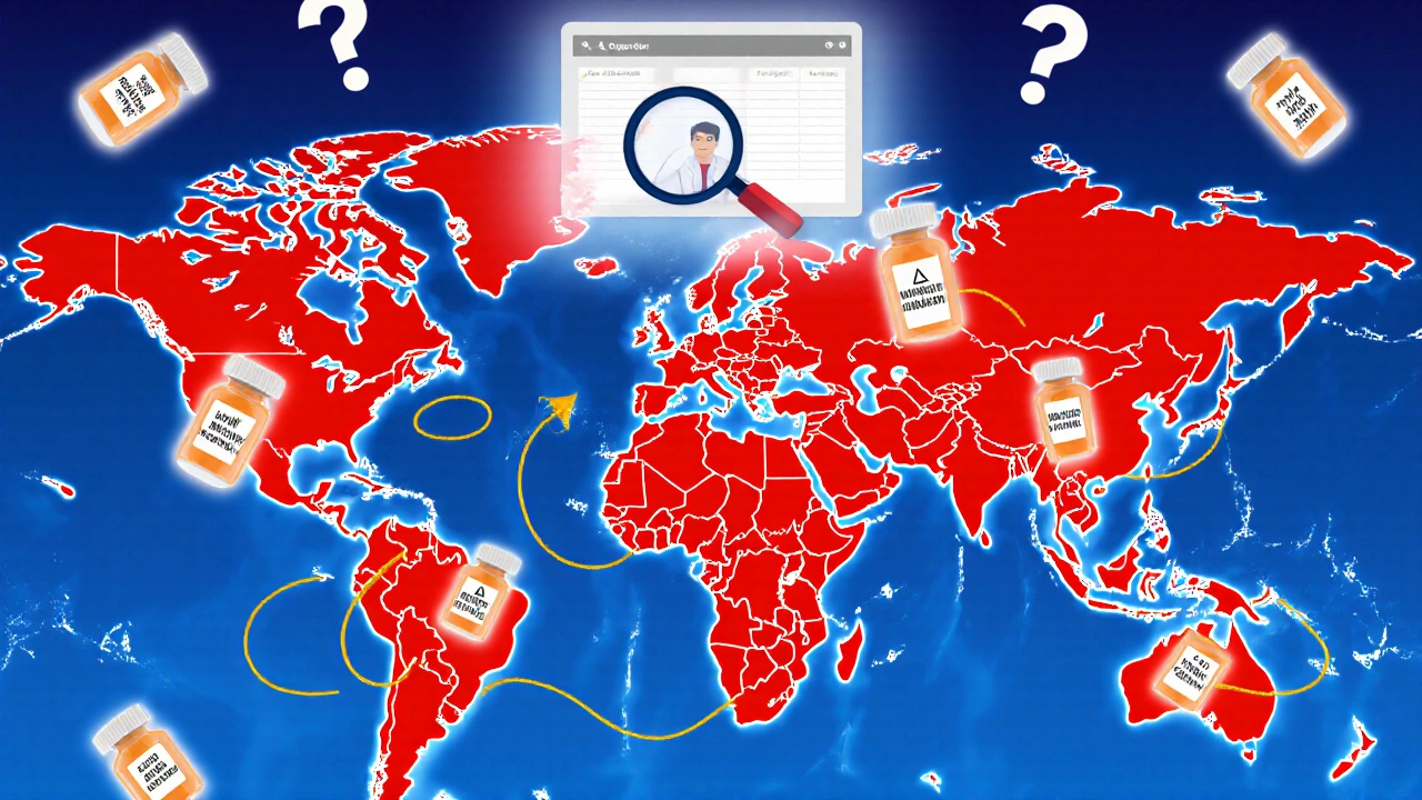 A global map of pill bottles with glowing HIV drugs in low-income regions, tangled in chains of dangerous drug interactions and warning sirens.