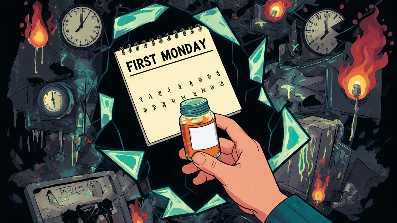 A hand reaches through a fractured mirror surrounded by symbols of improper medication storage and a calendar reminder.