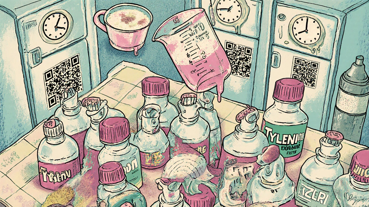 A kitchen counter with medicine bottles morphing into a giant acetaminophen molecule, a measuring cup overflowing with liver cells.