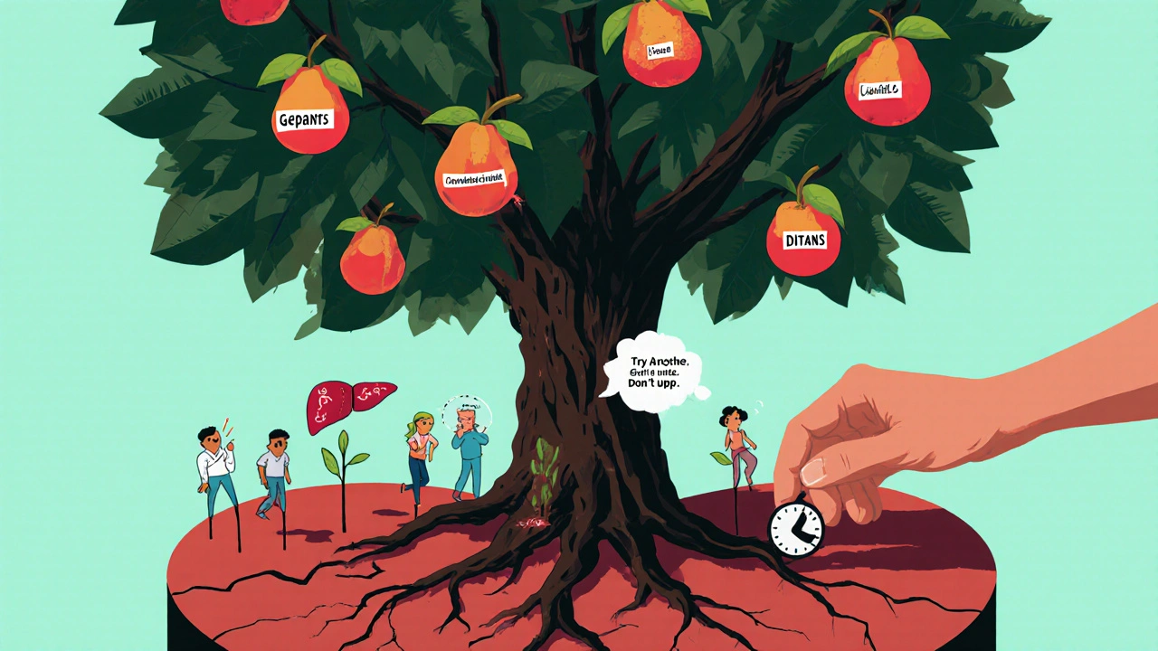 A medical tree with triptan fruits and new treatments sprouting, roots cracking from health risks, hand hesitating to pick a fruit.