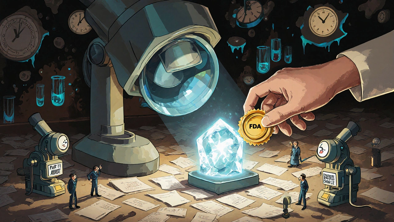 A microscope cathedral projecting a glowing drug crystal, surrounded by whispering machines and audit trail shadows.